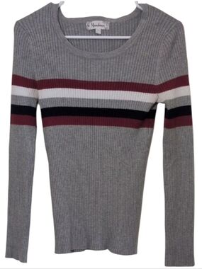 Moondance Women's Sweater With Gray/Red/White/Navy Stripes. Very Stretchy